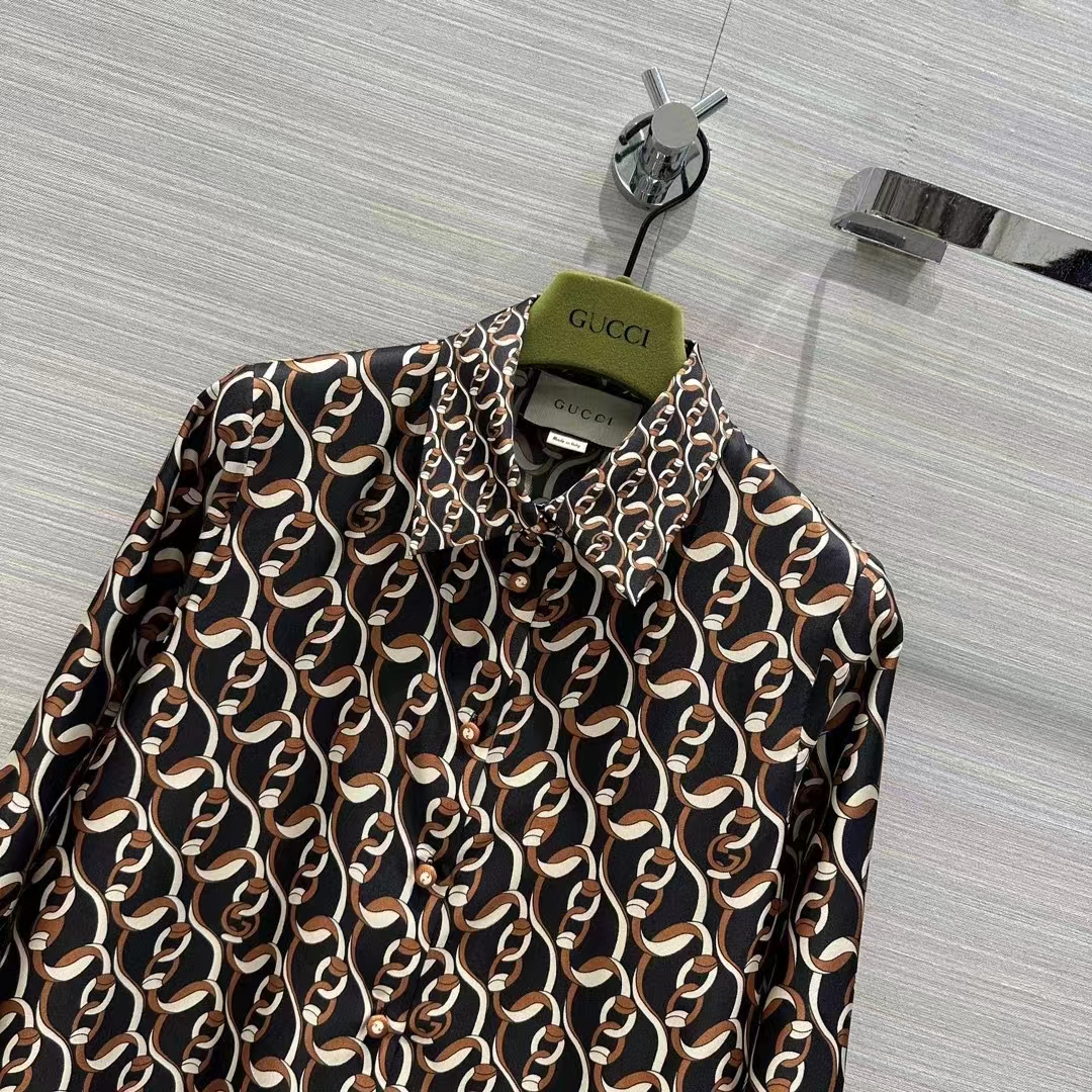 G*u*i gg men interlocking g chain print silk shirt point collar long sleeves