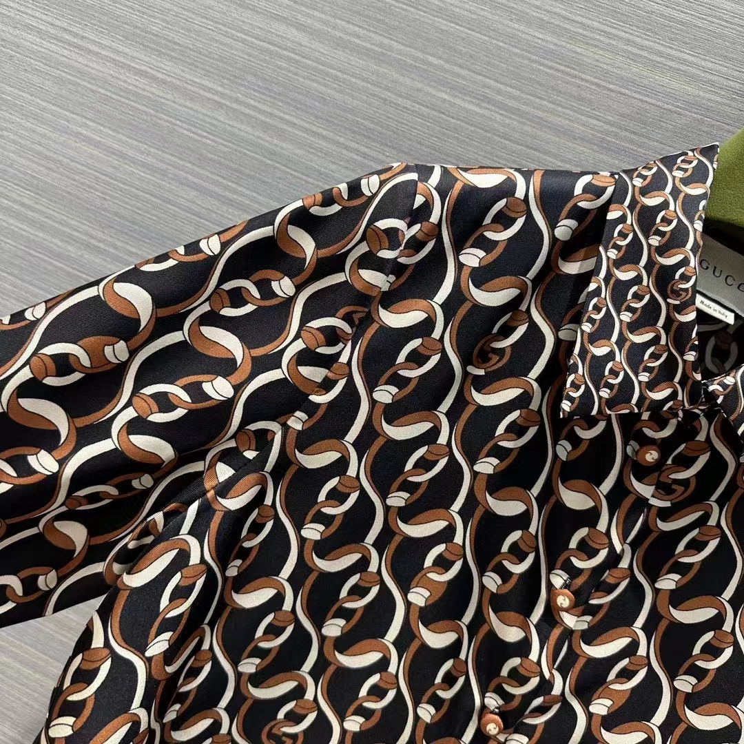 G*u*i gg men interlocking g chain print silk shirt point collar long sleeves