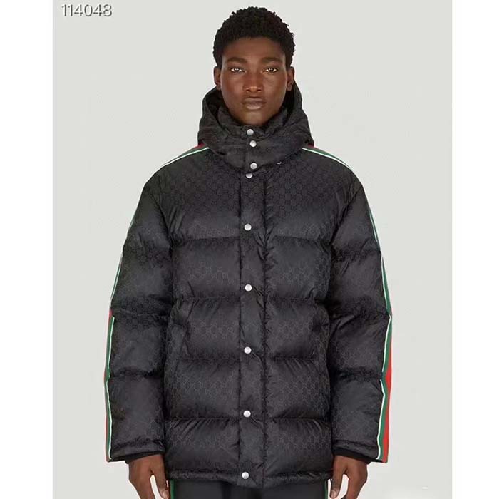 G*u*i men gg nylon jacquard jacket web black stripe lined fixed hood rib cuffs