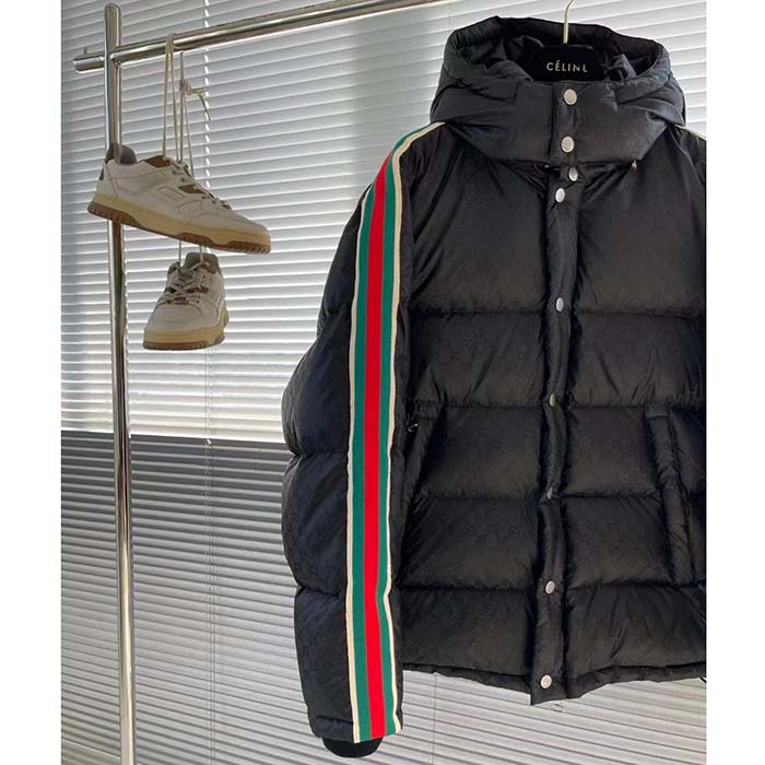 G*u*i men gg nylon jacquard jacket web black stripe lined fixed hood rib cuffs