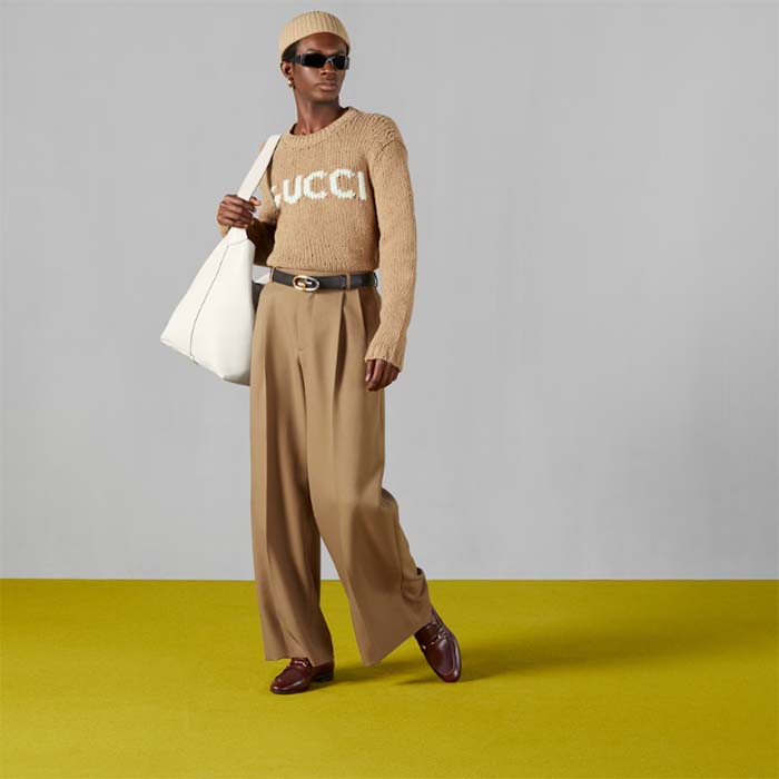 G*u*i men gg wool top G*u*i intarsia camel wool crewneck dropped shoulder long sleeves rib