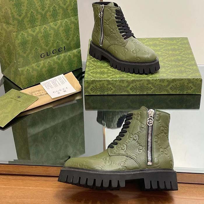G*u*i unisex gg leather boot dark green rubber lug sole lace-up interlocking g low-heel