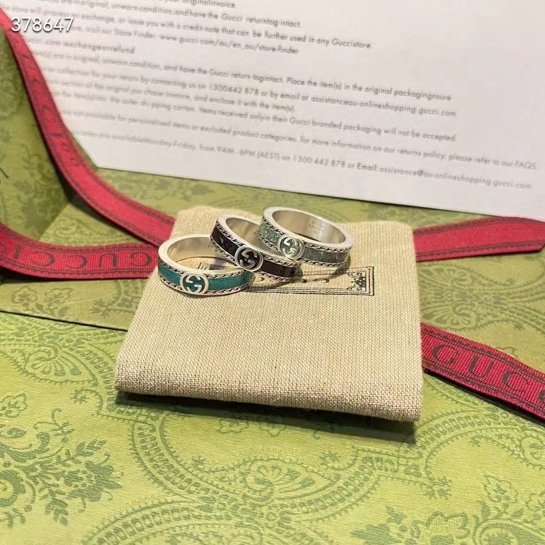 G*u*i unisex gg ring interlocking g 925 sterling silver turquoise enamel textured trim