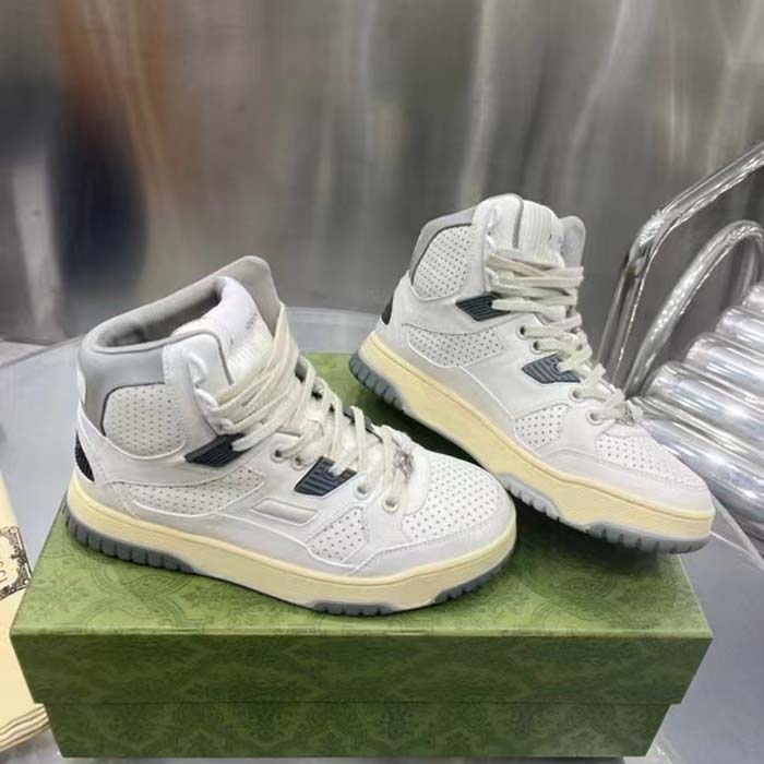 G*u*i unisex high top distressed effect. sneaker off white leather interlocking g rubber flat