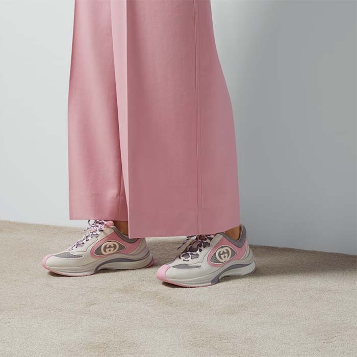 G*u*i unisex run sneaker ivory pink suede interlocking g bi-color rubbe low heel