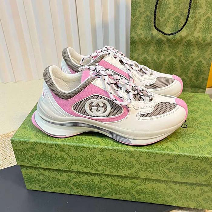 G*u*i unisex run sneaker ivory pink suede interlocking g bi-color rubbe low heel