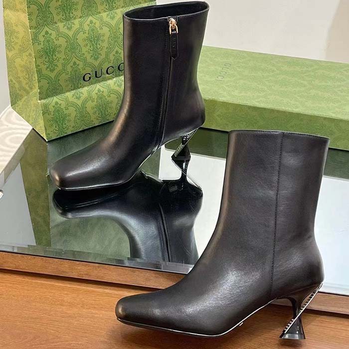 G*u*i women gg ankle boot black leather geometric heel metal inserts high-heel