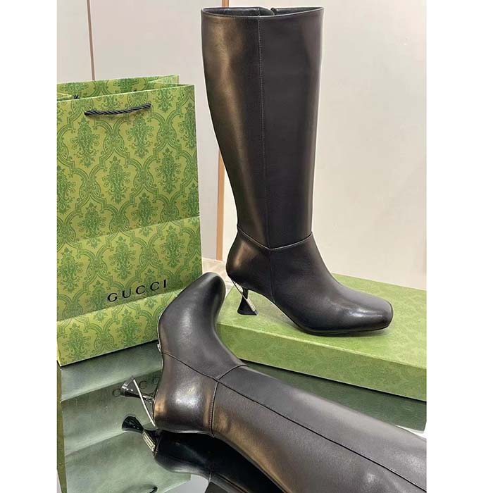 G*u*i women gg boot black leather geometric heel metal inserts mid-heel