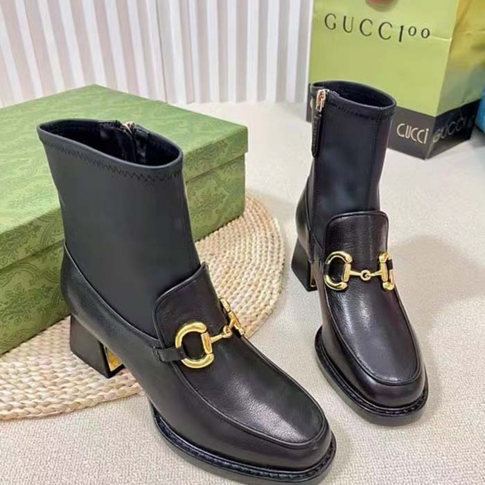G*u*i women gg boot horsebit black smooth leather stretch leather mid 5.3 cm heel
