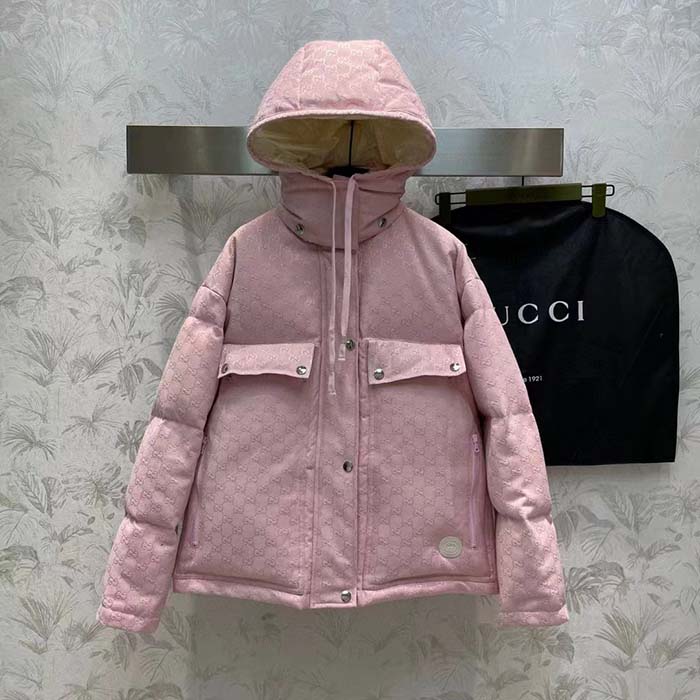 G*u*i women gg cotton canvas puffer jacket light pink gg lined interlocking g two front pockets