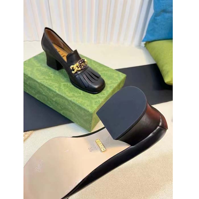 G*u*i women gg interlocking g mid-heel pump black leather enameled interlocking g chain