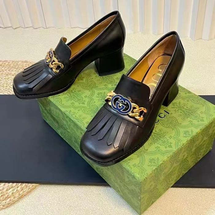 G*u*i women gg interlocking g mid-heel pump black leather enameled interlocking g chain