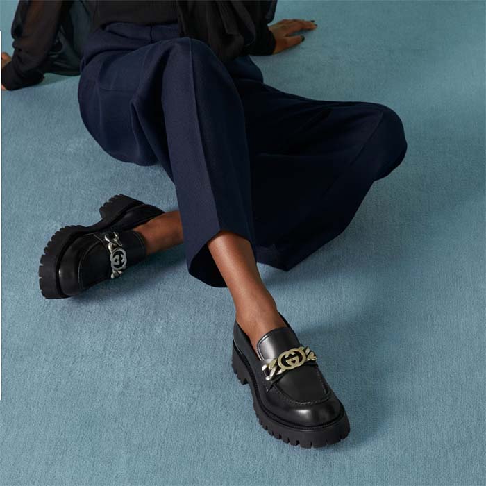 G*u*i women lug sole loafer black leather interlocking g chain rubber flat