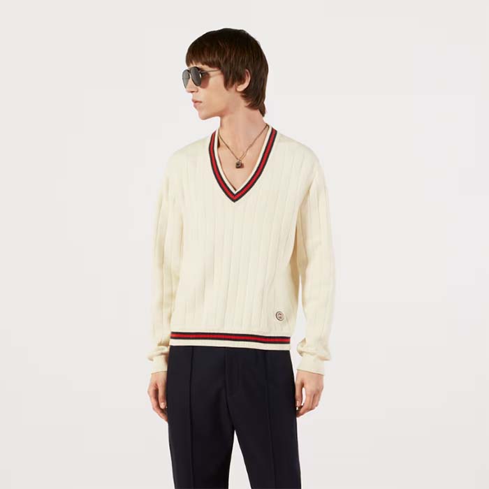 G*u*i gg men cotton knit v-neck sweater web ivory interlocking g patch long sleeves