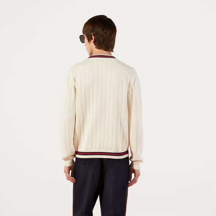 G*u*i gg men cotton knit v-neck sweater web ivory interlocking g patch long sleeves