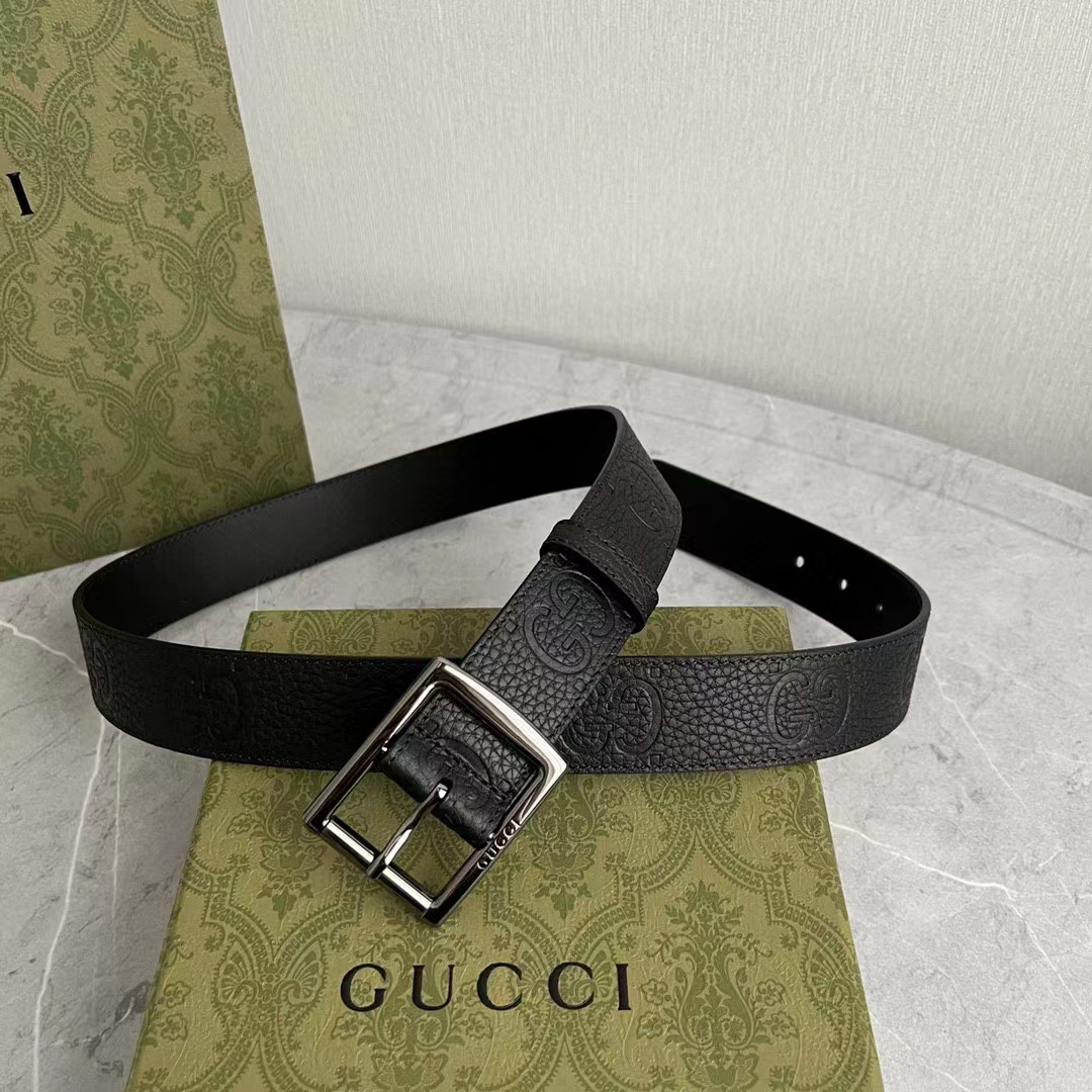 G*u*i gg unisex rubber-effect leather belt black square buckle 3.3 cm width