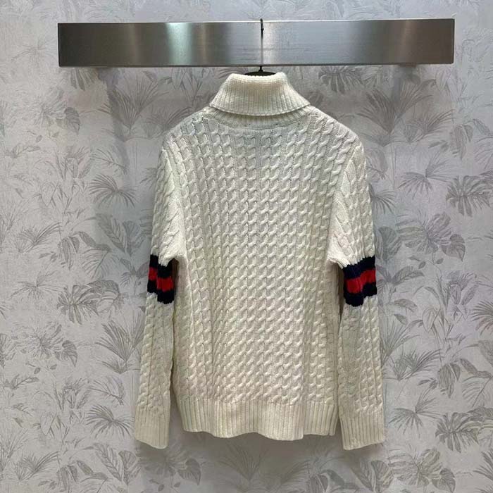 G*u*i gg men cable knit wool cashmere sweater ivory blue red web turtleneck long sleeves