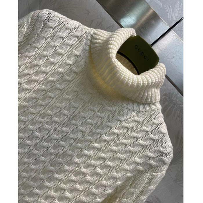 G*u*i gg men cable knit wool cashmere sweater ivory blue red web turtleneck long sleeves