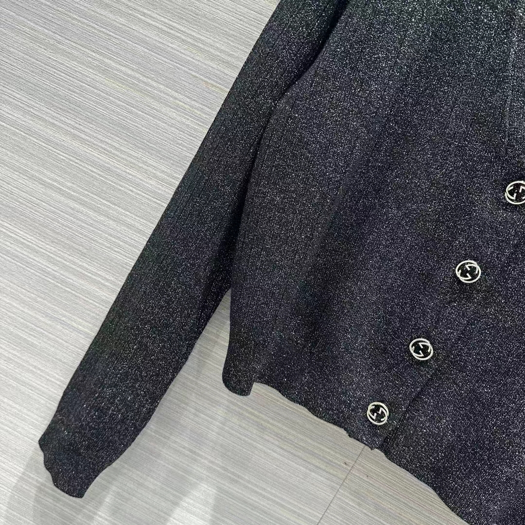 G*u*i gg women rib stitch viscose lamé cardigan interlocking g buttons v-neck long sleeves