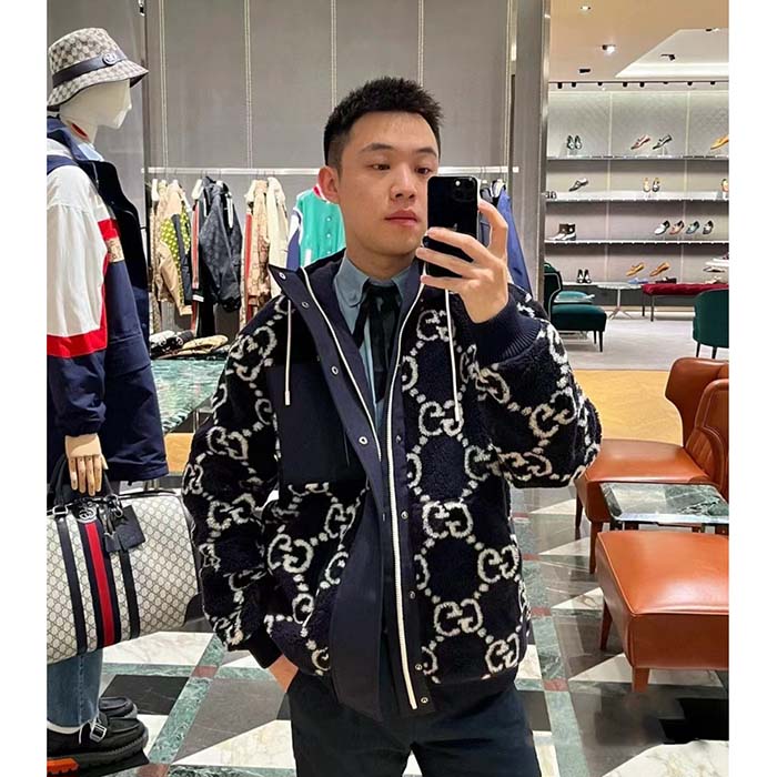 G*u*i men gg fuzzy fabric jacquard jacket fixed hood drawstring long sleeves front patch pocket