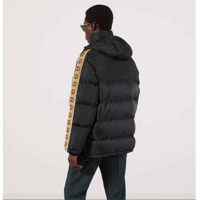 G*u*i men gg jacquard nylon quilted coat down goose feather black knit rib nylon lining