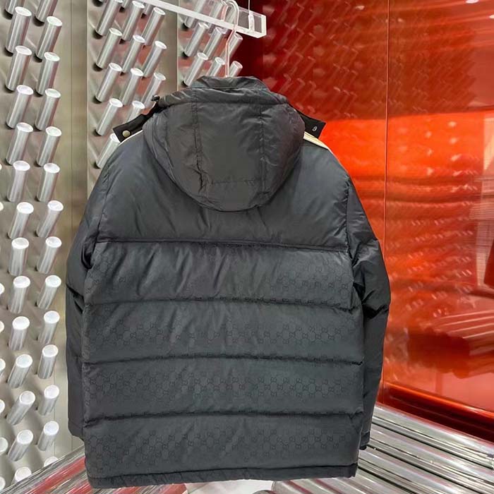 G*u*i men gg jacquard nylon quilted coat down goose feather black knit rib nylon lining