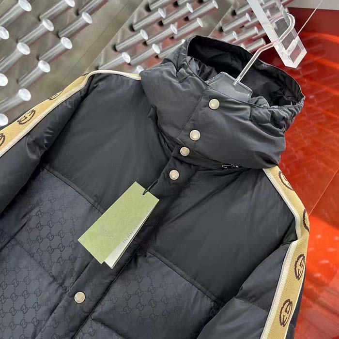 G*u*i women gg jacquard nylon quilted coat down goose feather black knit rib nylon lining