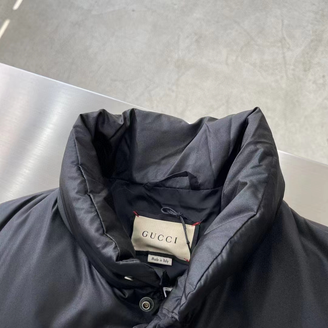 G*u*i men gg water repellant down jacket black water nylon satin zip front zip pockets