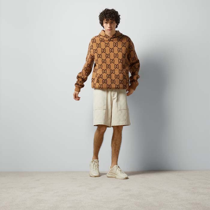 G*u*i men gg wool hooded sweatshirt camel ebony fixed hood kangaroo pocket rib