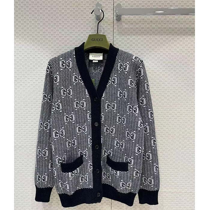 G*u*i men gg wool jacquard cardigan grey v-neck long sleeves front pockets