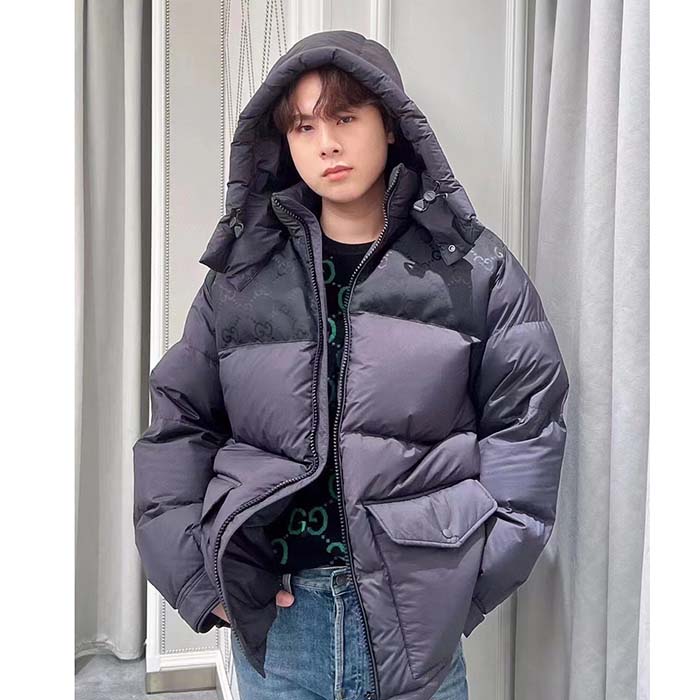 G*u*i men nylon down jacket gg iserts black canvas high neck velcro cuffs zip closure