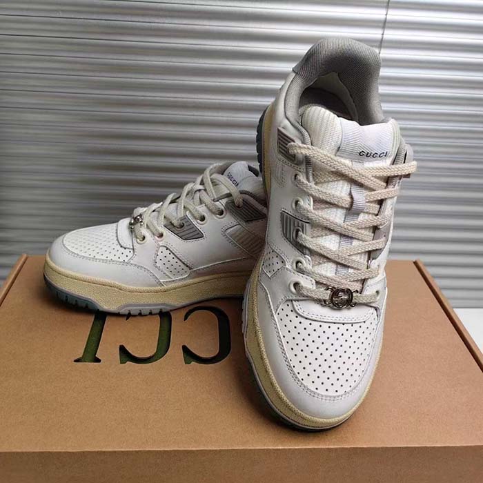 G*u*i unisex distressed effect sneaker off white leather grey rubber G*u*i script low heel