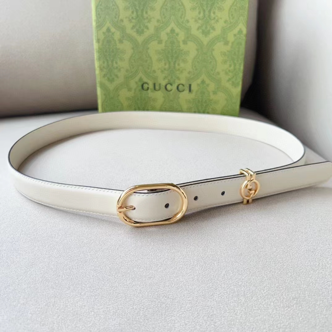 G*u*i unisex gg belt round interlocking g white leather oval buckle 2.3 cm width