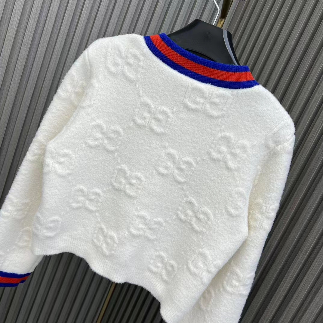 G*u*i women felted gg wool cardigan web ivory crewneck dropped shoulder long sleeves