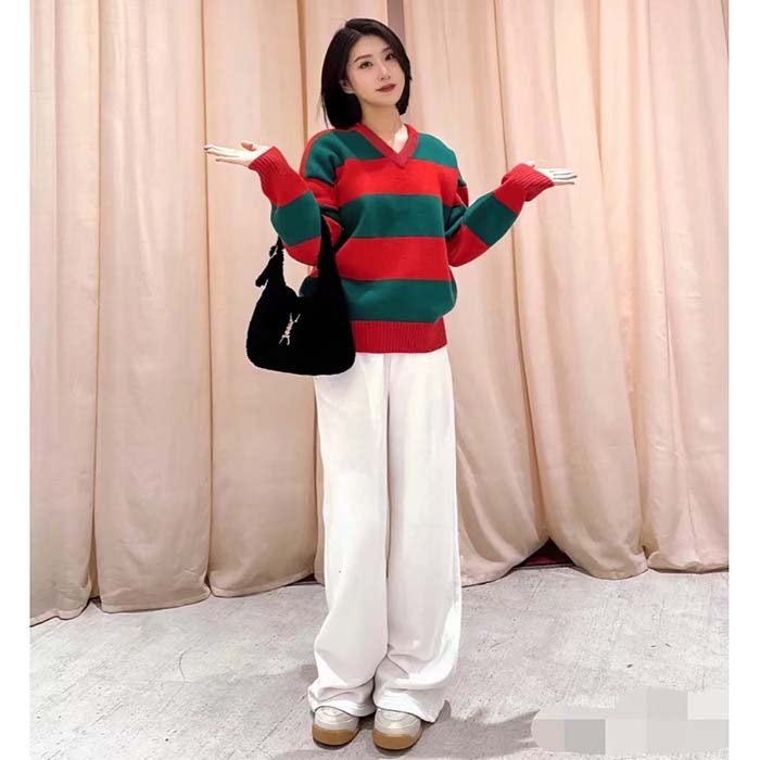 G*u*i women gg felted wool striped sweater v-neck dropped shoulder long sleeves