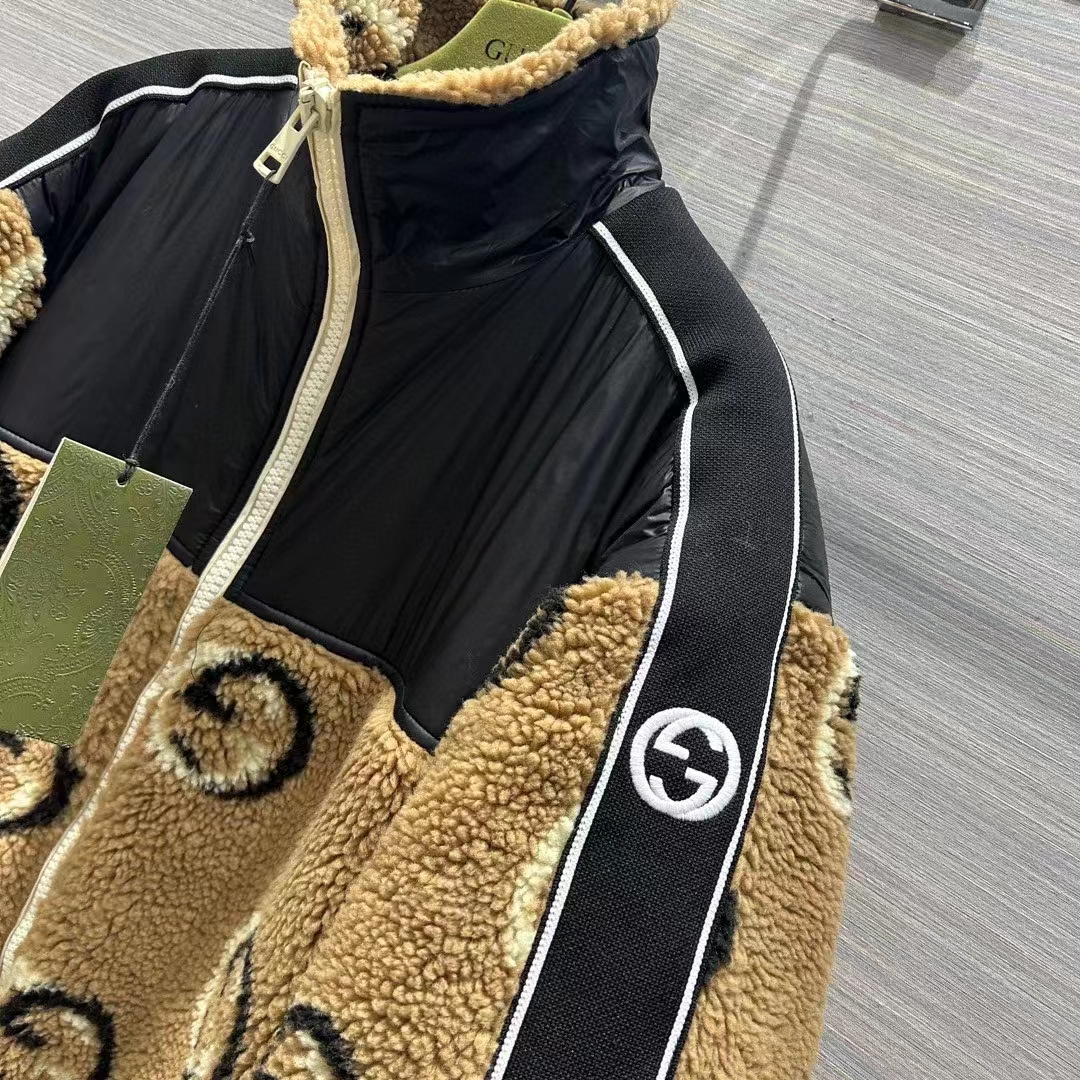 G*u*i men gg wool fleece jacquard zip jacket lined high neck dropped shoulder nylon inserts