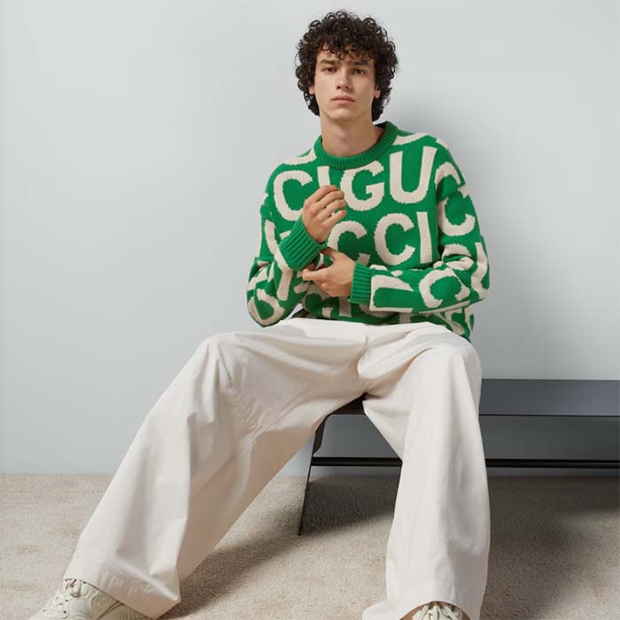 G*u*i men gg wool sweater G*u*i intarsia green crewneck dropped shoulder