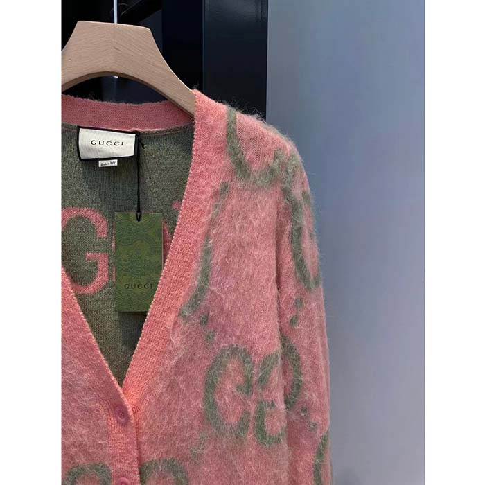 G*u*i men reversible gg mohair cardigan light green pink brushed jacquard wool v-neck