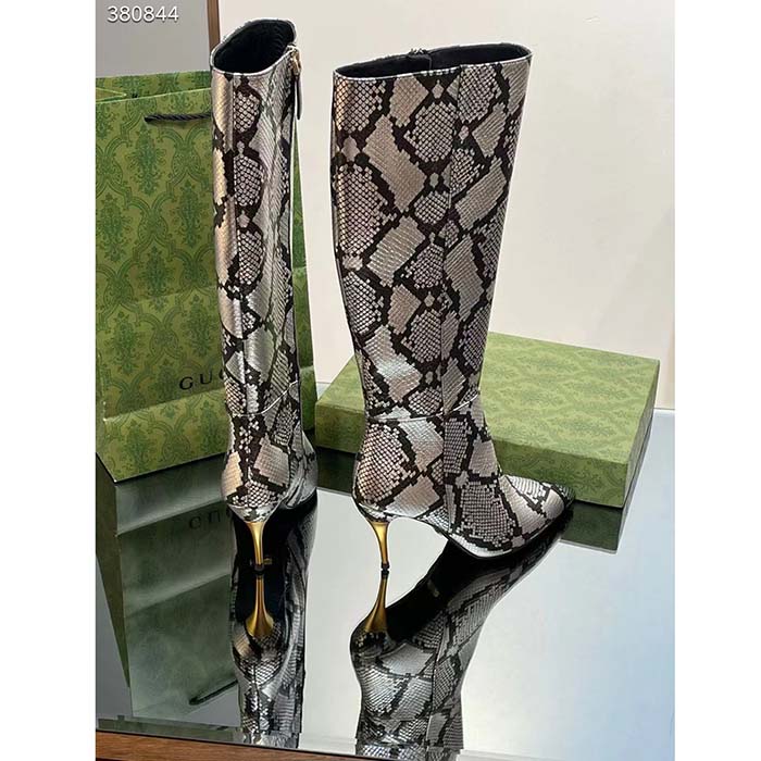 G*u*i women’s python mid-heel boot metallic silver leather sole double g detail side zip closure