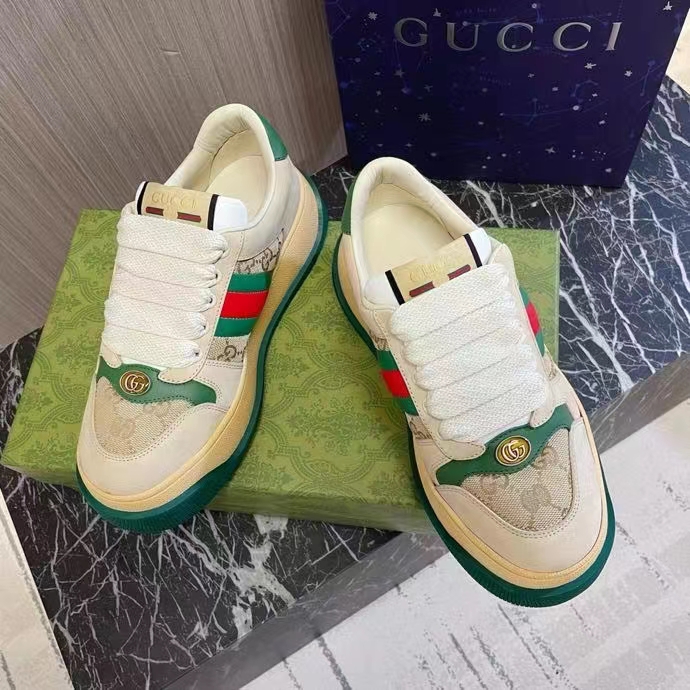 G*u*i gg unisex screener sneaker web beige leather bi-color flatform rubber low heel