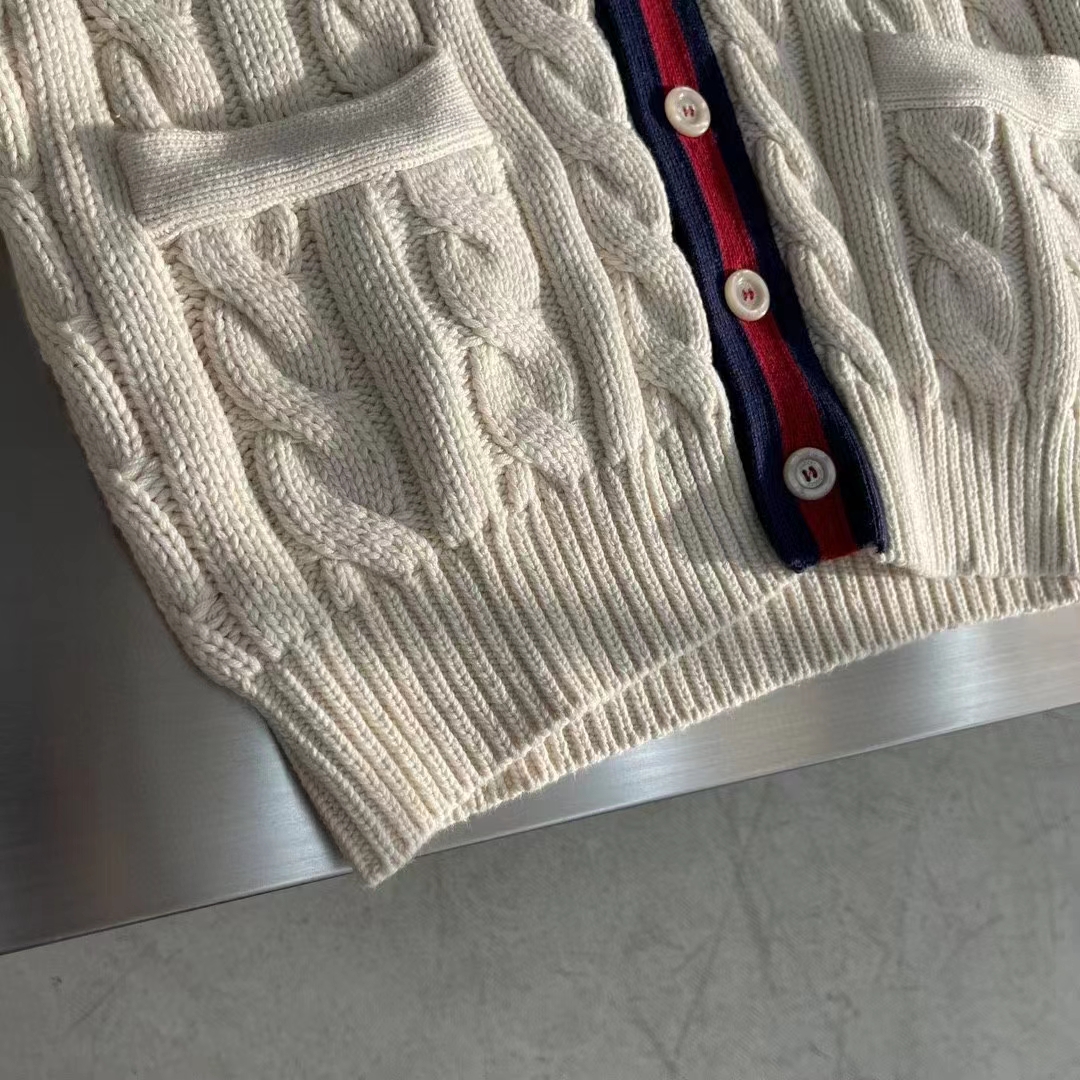 G*u*i men gg cable wool knit cardigan web v-neck dropped shoulder two front pockets