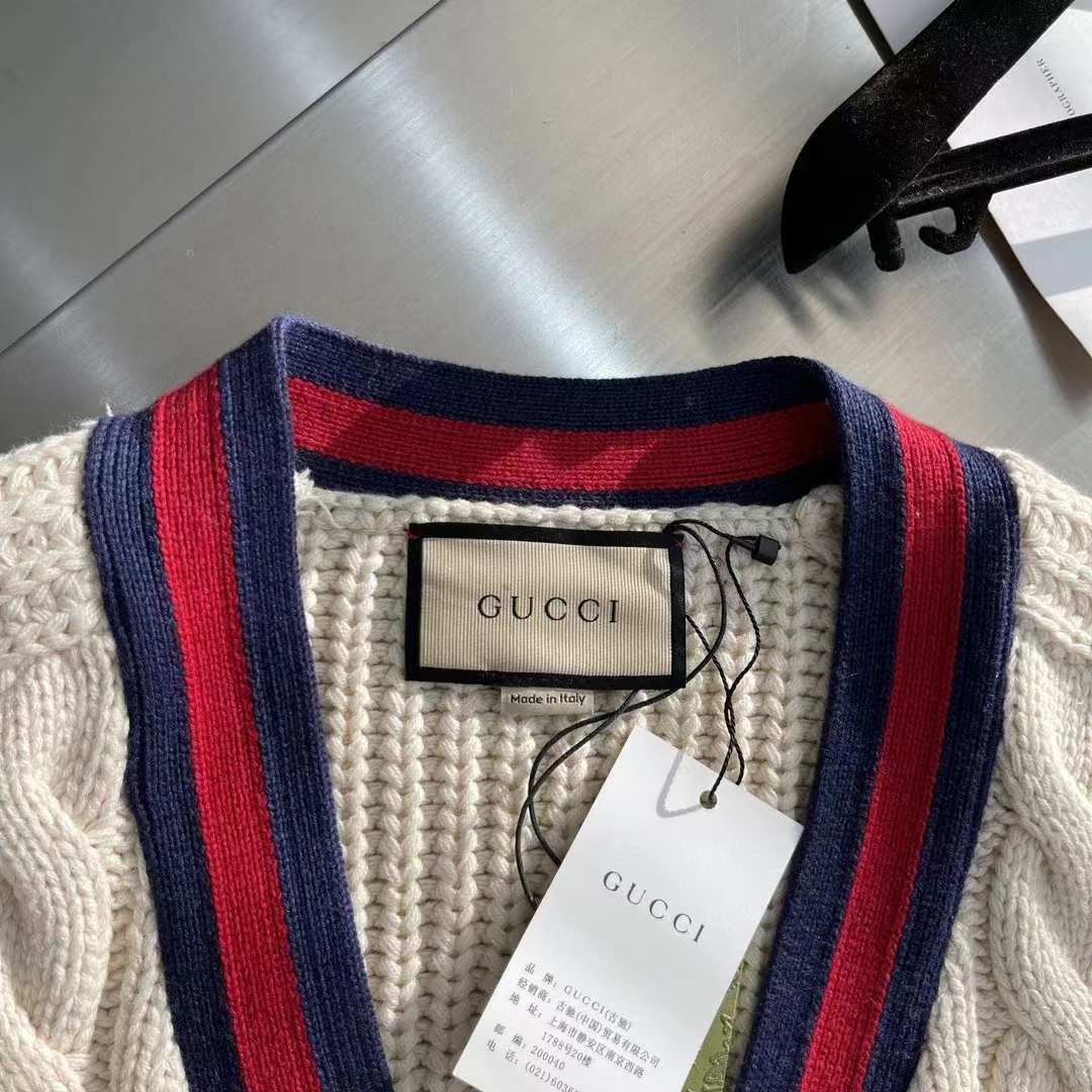 G*u*i men gg cable wool knit cardigan web v-neck dropped shoulder two front pockets