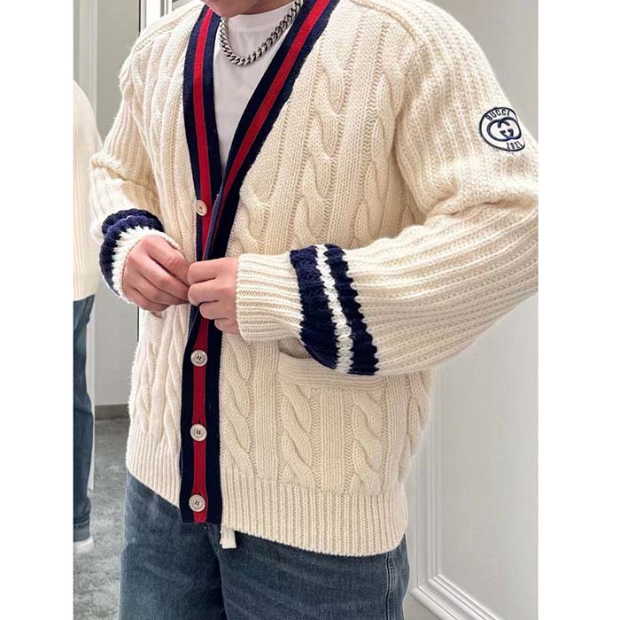 G*u*i men gg cable wool knit cardigan web v-neck dropped shoulder two front pockets