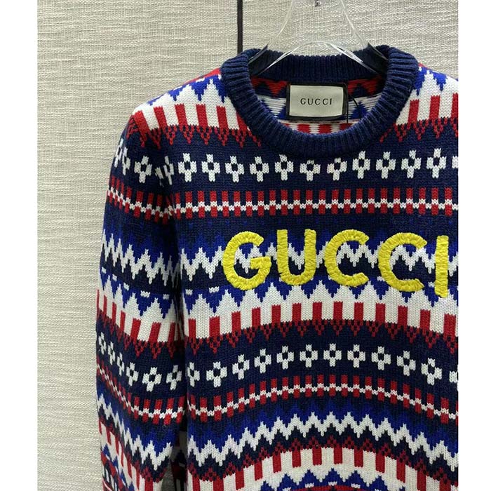 G*u*i women knit wool sweater G*u*i embroidery crewneck dropped shoulder rib style ‎763391 xkdox 4216