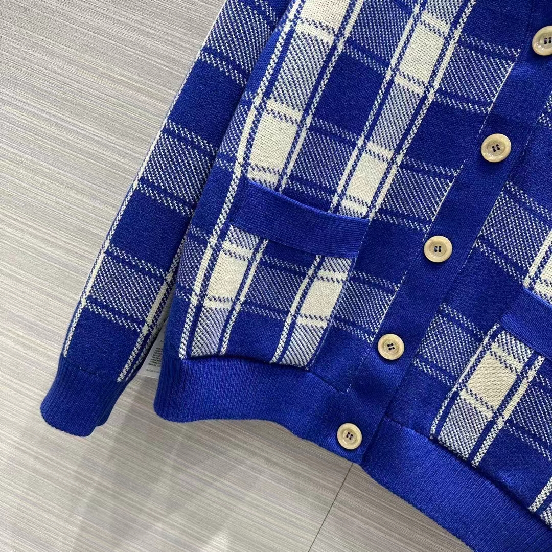 G*u*i men reversible checked wool cardigan v-neck dropped shoulder blue ivory maxi gg