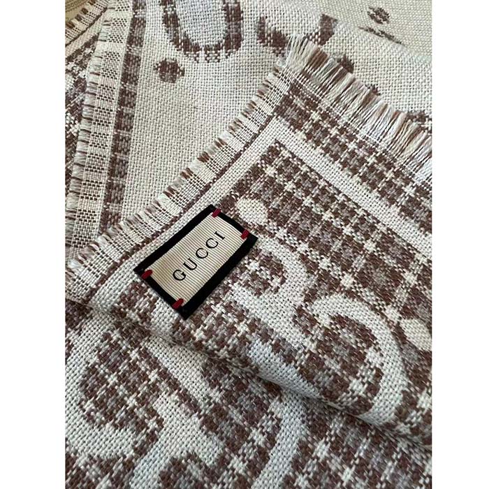 G*u*i unisex gg wool jacquard scarf ivory beige houndstooth fringe trim