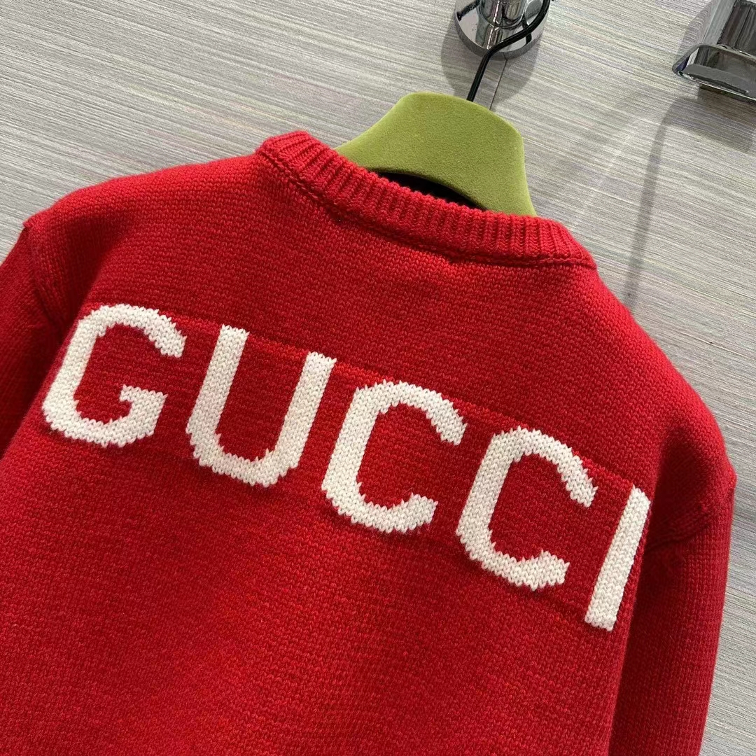 G*u*i women gg red wool top G*u*i intarsia crewneck dropped shoulder long sleeves