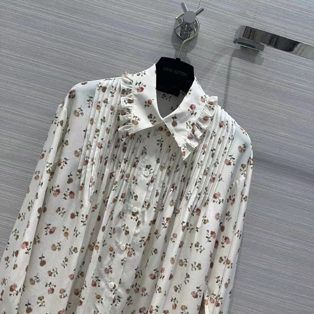 Louis Vuitton Women LV Floral Print Ruffle Collar Shirt Silk Milky White Regular Fit