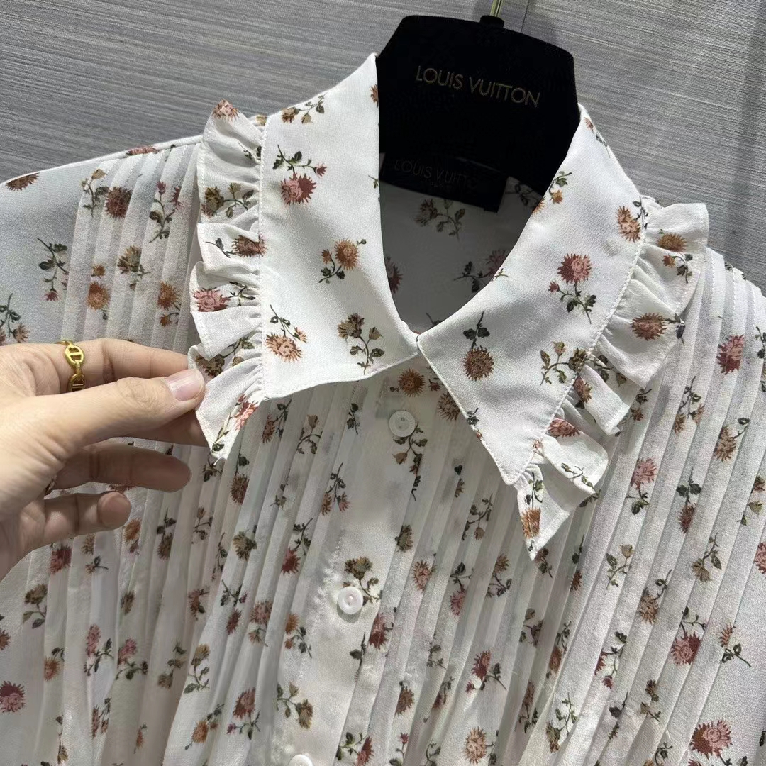 Louis Vuitton Women LV Floral Print Ruffle Collar Shirt Silk Milky White Regular Fit