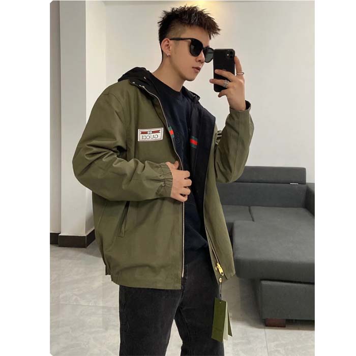 G*u*i men gg lightweight canvas jacket olive green nylon interlocking g